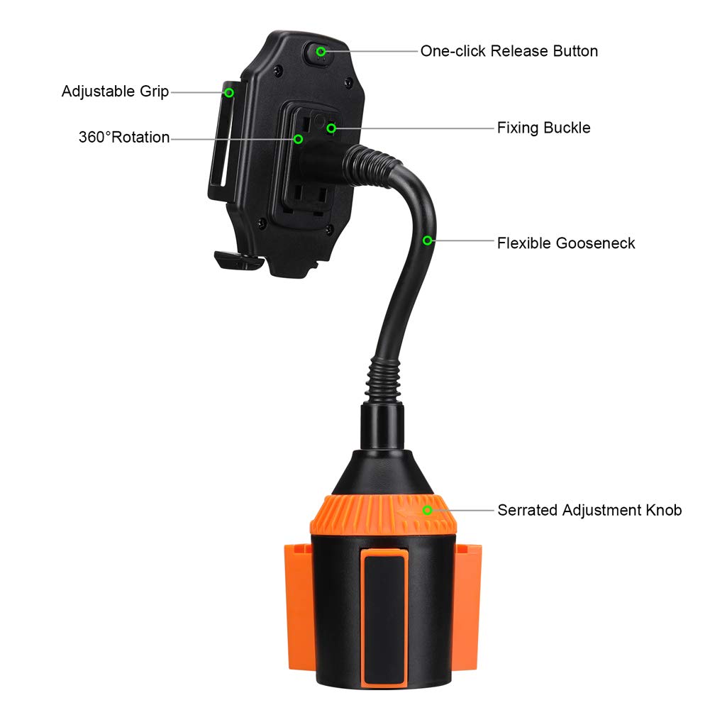 MOTOBA Gooseneck Cup Holder Phone Mount, Adjustable Car Phone Cup Holder for iPhone 11 Pro/XR/XS Max/X/8/7 Plus/6s/Samsung S10+/Note 9/S8 Plus/S7 Edge (Orange)