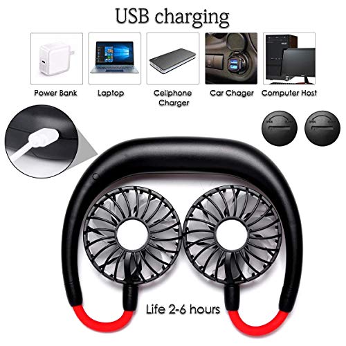YIWEI Hand Free Personal Fan Portable Sports Neck Hanging Fan USB Rechargeable 2000mAh 3 Speeds Mini Desk Cooling Fan with Dual Wind Head for Traveling Outdoor Office Room