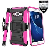 Galaxy On5 Case With Tempered Glass Screen Protector,IDEA LINE(TM) Heavy Duty Armor Shock Proof Dual Layer Holster Locking Belt Swivel Clip with Kick Stand + Stylus Pen(Hotpink/Black)
