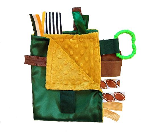 Sensory Baby Security Tag Blanket, Football Inspired Green and Gold for Green Bay Packers Football Baby Blanket