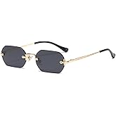 FLJMRAVER Rimless Rectangle Sunglasses Men Women Metal Small Gold Polygon Blue Shades UV400 Frameless Sun Glasses