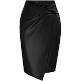 Kate Kasin Women's Faux Leather High Waist Wrap Knit Bodycon Midi Skirt for Business Casual Pencil Skirt
