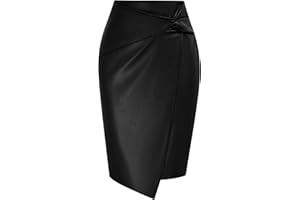 Kate Kasin Women's Faux Leather High Waist Wrap Knit Bodycon Midi Skirt for Business Casual Pencil Skirt