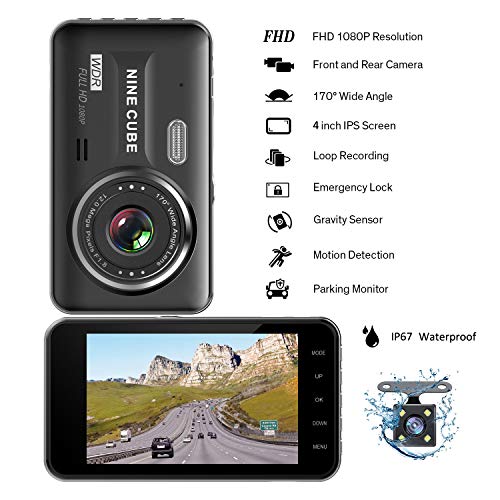 Dual Dash Cam Front and Rear, NINE CUBE 1080p HD Driving Recorder,Car DVR Dashboard Camera, 4" IPS Screen, 170Â° Super Wide Angle, G Sensor, Loop Recording, Parking Monitor, Motion Detection
