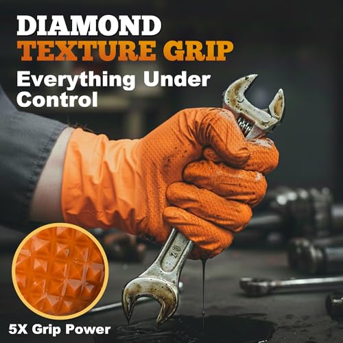 TitanFlex Thor Grip Heavy Duty Industrial Orange Nitrile Gloves with Raised Diamond Texture, 8-mil, Latex Free, Powder Free