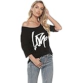 MAGICMK Women Casual Plus Size Lips Print Off Shoulder T-Shirt Tops