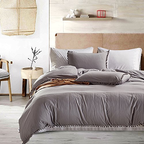 MOVE OVER 3 Pieces Light Grey Bedding Grey Duvet Cover Set Ball Fringe Pattern Design Soft Grey Bedding Sets Queen One Duvet Cover Two Ball Fringe Pillow Shams (Queen, Light Grey)