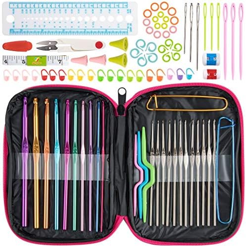 BCMRUN Crochet Kits, 22Pcs Crochet Hooks with 69 Accesories Crochet Hooks with Case Yarn Knitting Needles Sewing Tools Full Set Knit Gauge Scissors Stitch Holders (A) (A)