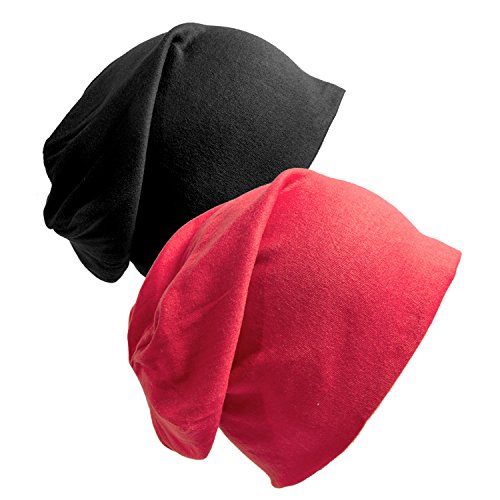 Senker 2 Pack of Baggy Soft Cotton Slouchy Stretch Beanie Hat,Chemo hats for Men and Women Black/Red F