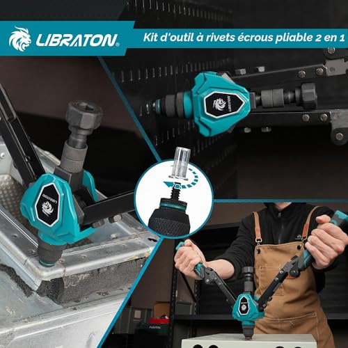 LIBRATON 2 in 1 Folding Threaded Insert Rivet Pliers, 7 Mandrels (M3-M12) & 5 Bits (2.4-6.4mm), Includes 70 Crimp Nuts and 200 Pop Rivets, Powerful Manual Tool for Auto and DIY
