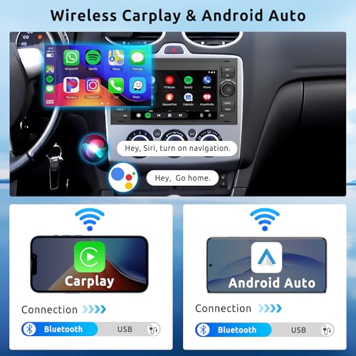 VECHTEL 2G+64G Car Radio for Ford Focus Fiesta C/S-Max Transit Galaxy Mondeo Connect with CarPlay Android Auto Wireless, 7 Inch Touch Screen Car Radio Android 13, GPS WiFi Bluetooth
