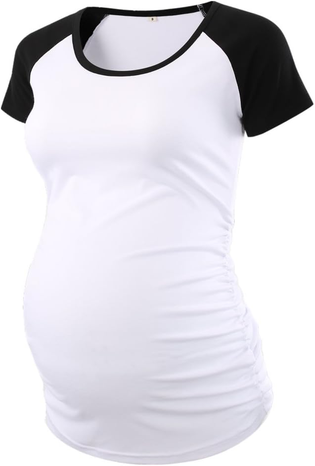 BBHoping Women's Maternity Tops Short & Long Sleeve Baseball Crew Neck Classic Side Ruched Pregnancy T-Shirt White Black