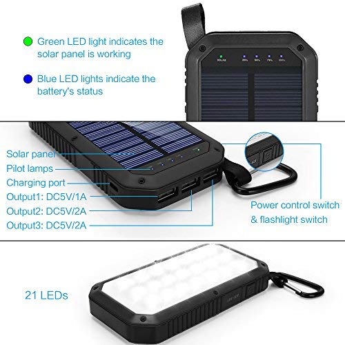 Solar Charger, Dostyle 8000mAh Portable Solar Power Bank External Backup Battery Pack 3 USB Ports Solar Phone charger with 21 LED light Compatible for All Cellphone Samsung Galaxy & Android Devices - Thumbnail 3