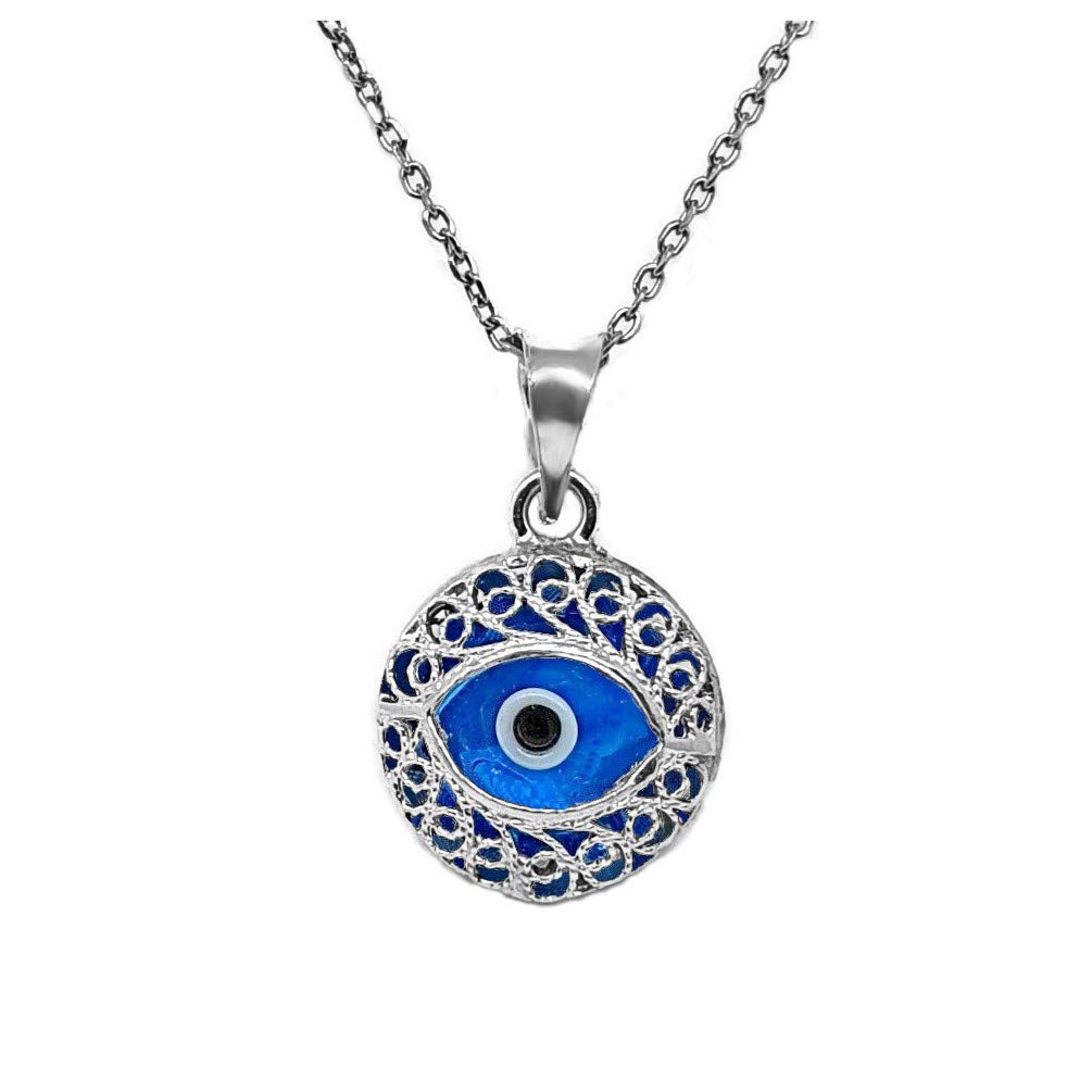 MYSTIC JEWELS By Dalia - Evil Eye Crystal and 925 Sterling Silver Necklace - Turkish Eye Filigree - Eye Shape