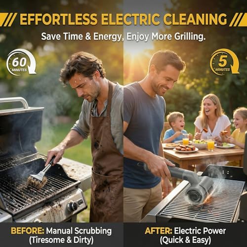Electric Grill Brush, Cordless Rechargeable Grill Cleaner, 58W BBQ Cleaning Brush with 5200mAh Battery, 150-Min Runtime, 3 Speeds, Angle Adjustable, IPX7 Waterproof, Anti-Shedding for Outdoor Barbecue
