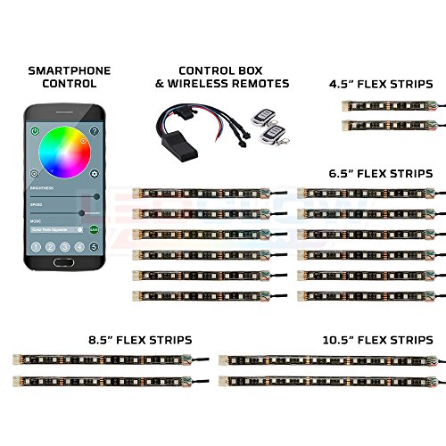 LEDGlow 18pc Advanced Million Color LED Flexible Motorcycle Lighting Strip Kit - Bluetooth-Connected Smartphone App - 174 LEDs - Waterproof Control Box - Dual Zone Control - 2 Wireless Remotes