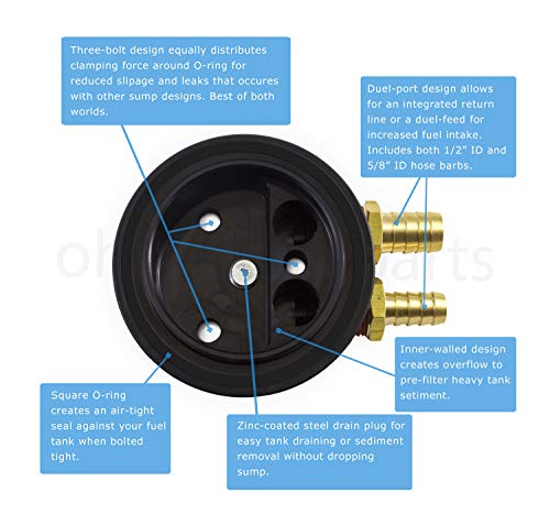 Ohio Diesel Parts Fuel Tank Gas/Diesel Integrated Return Dual-Port Sump with Extra Barbs and Hole Saw (Black) - Thumbnail 4