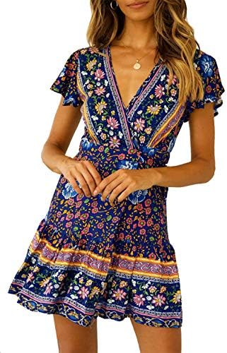 Women's Summer Deep V Neck Leaf Printed Ruffle Hem Split Wrap A Line Mini Dresses with Belt
