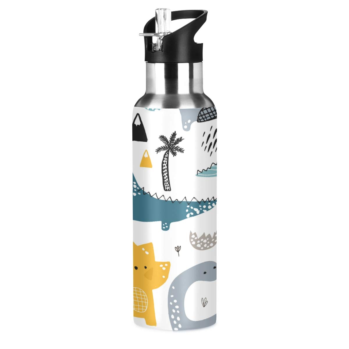 ALAZA Stainless Steel Water Bottle with Straw, Cartoon Animals Cute Dinosaur Insulated Drink Flask Sports Water Bottle for Kids Adults, Leakproof, 600ml