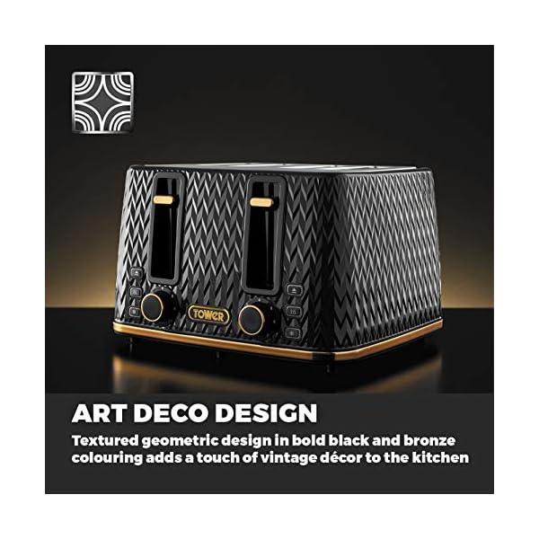 Tower T20061BLK Empire 4-Slice Toaster with Defrost/Reheat, Removable Crumb Trays, 1600W, Black and Brass