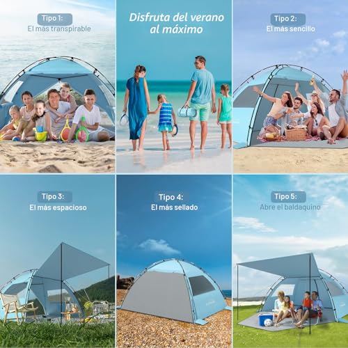Elegear Beach Tent for 6-8 People, Camping Tent UV Protection UPF 50+ Portable Canopy with Carry Bag Family Beach Shelter for Varar Park Camping Fishing, 260 x 165 x 150 cm, Blue