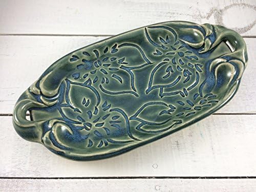 Stoneware Soap Dish, Butter Dish, Jewelry Dish, Jewelry Plate, or Trinket Dish with Carved Dahlias in Teal
