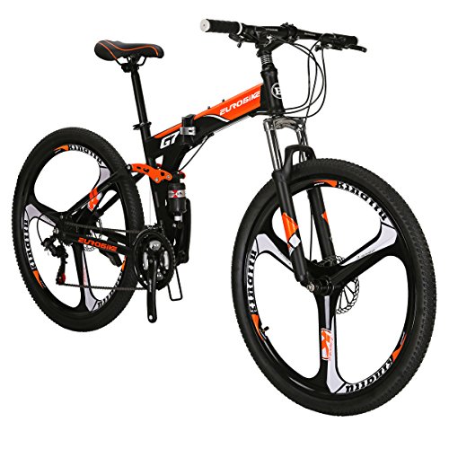 Eurobike G7 Mountain Bike 21 Speed Steel Frame 27.5 Inches 3-Spoke Wheels Dual Suspension Folding Bike Blackorange