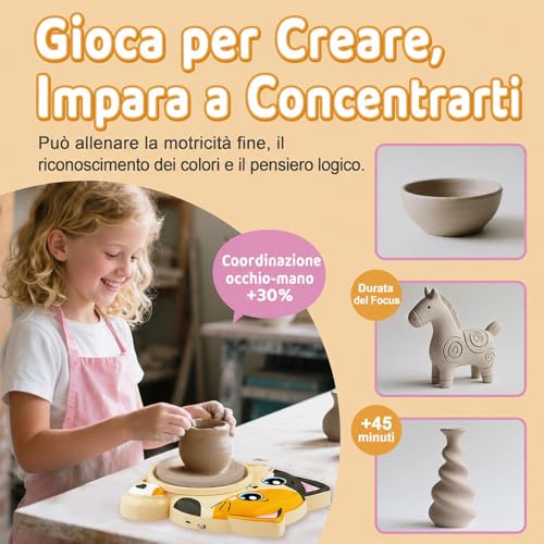 Ceramic Lathe for Kids - Complete Ceramic Kit for Beginners, Creative Set 6+ Years with 3x Air Drying Clay, DIY Ceramic Kit Easter Gift for Boys and Girls