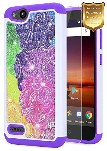 ZTE Blade Vantage Case, ZTE Avid 4 Case, ZTE Tempo X Case, ZTE Fanfare 3 Case with [Tempered Glass Screen Protector], NageBee [Hybrid Protective] Armor Cover [Studded Rhinestone Bling] Case -Rainbow