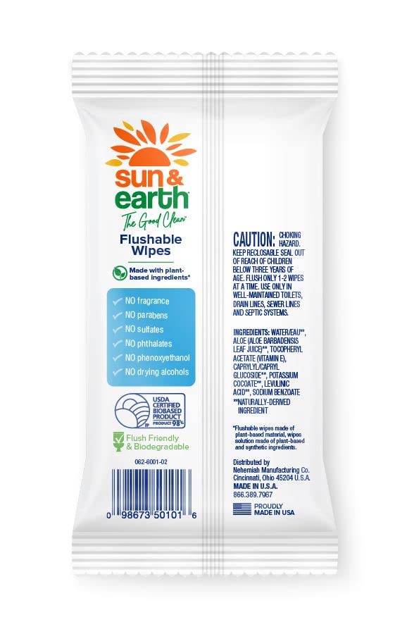 Flushable Wipes by Sun & Earth Unscented, Fragrance Free, Resealable