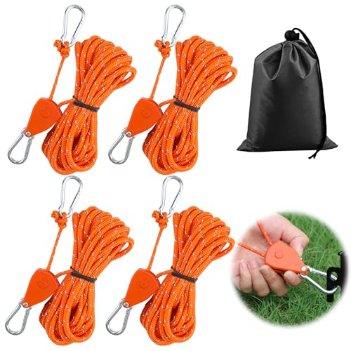 Tyafzzn Pack of 4 4 mm Adjustable Rope Ratchet, 4 m Guy Ropes with Rope Tensioner, Adjustable Ratchet Hanger, Tent Cord with Storage Bag, Reflective Guy Ropes for Awning (Orange)