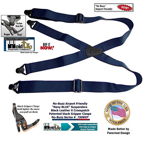Holdup Dark Blue No-Buzz X-back Suspender with patented composite plastic Gripper Clasps