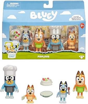 Es la Hora de la Tarta paulova con el Pack de 4 Figuras «Tarta paulova, Incluye, Bingo, Bandit con Gorro de Chef y Chilli, además de 2 Accesorios, 4 Figuras articuladas de 6-7,6 cm