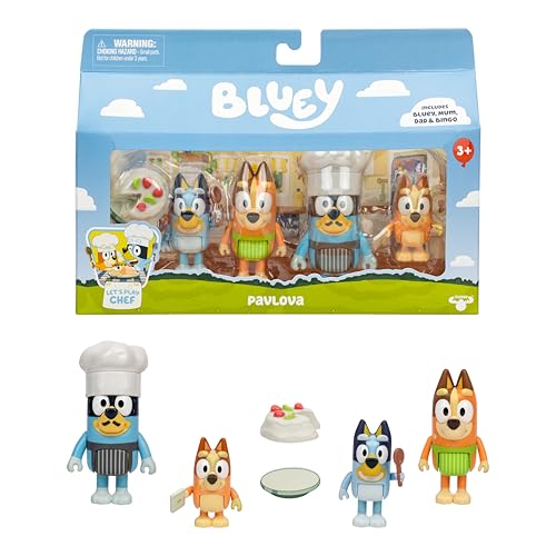 Es ist Zeit für Pavlova mit Dieser 4er-Figurenpackung Café-Wettkampf, enthält, Bingo, Bandit mit Chefkochmütze, Chilli und 2 Zubehörteile, Vier 6–7,6 cm große Figuren mit beweglichen Gelenken