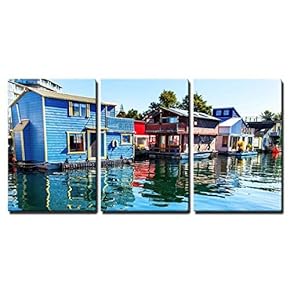 Floating Home Village Blue Red Brown Houseboats Fisherman x3 Panels