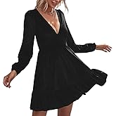 FANCYINN Womens Velvet Dress Deep V Ruffle Hem Long Lantern Sleeve A Line Mini Casual Winter Party Dresses