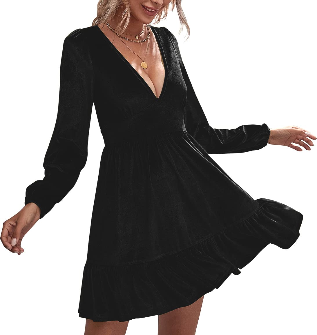 Photo 1 of FANCYINN Womens Velvet Dress Ruffle Hem Deep V Long Lantern Sleeve A Line Swing Mini Boho Casual Winter Party Dresses Halloween Witch Black L