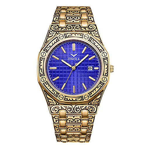 RORIOS Retro Men Watch Analog Quartz Watches Multifunctions Dial Stainless Steel Band Fashion Wrist Watch with Calendar Engraved Watch for Men