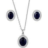 FAIRY COUPLE 18K White Gold Plated Jewelry Set, Royal Double Halo Oval Simulated Sapphire Blue Necklace & Earrings, Luxury 8x10mm CZ Pendant September Birthstone Gifts for Wedding S162