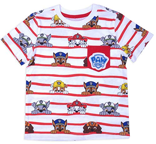 Paw Patrol Toddler Little Boys All Over Print T-Shirt With Pocket (White/Red, 3T)
