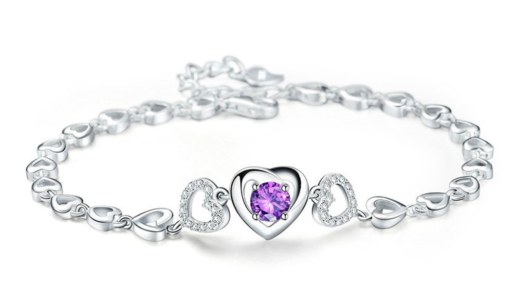 Sterling Silver Purple Crystal Interlocking Heart Bracelet, Adjustable