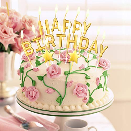 DaveandAthena 21 Pieces Gold Happy Birthday Candles Star Birthday Cake Toppers Metallic Birthday Letters Candles for Birthday Wedding Party Cake Decoreations