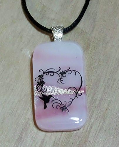 Dichroic Fused Glass Pink n White Heart Art Design Handmade Pendant with Necklace