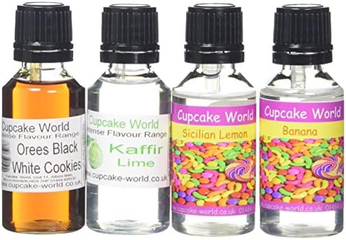 Cupcake World Kaffir Lime/Orees Black White Cookies/Sicilian Lemon/Banana Food Flavouring Bottles 28.5 ml (Pack of 4)