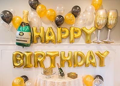 Gold Birthday and Champagne Balloon Set - Birthday Party Decorations - 21st - 30th - 40th - 50th - Funny Birthday Party Supplies