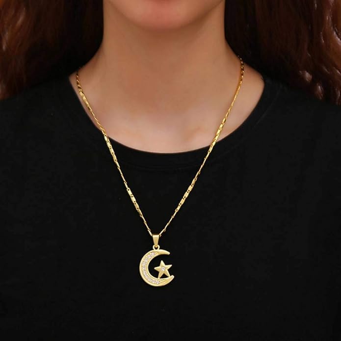 Religion Musulmane Tres Joli Pendentif Islamique Croissant De Lune Et Etoile Avec Cristaux Et Sa Chaine Ton Argent Amazon Fr Bijoux