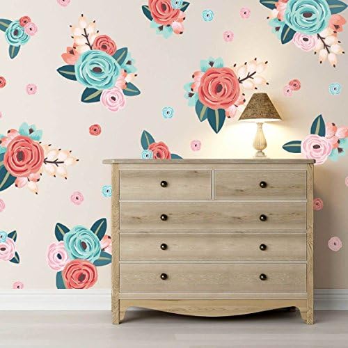 UrbanWalls 29PCS Wall Stickers, Vinyl Self-adhesive Wall Decal Wallpaper Home Décor - Removable and Water Resistant for Bedroom,Living Room: Pink, Teal, Coral Graphic Flower Half Order