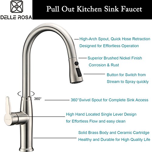 New Kitchen Faucet Brushed Nickel with Pull Out Sprayer Delle Rosa Single High Handle Located Pre-rinse Kitchen Sink Faucet