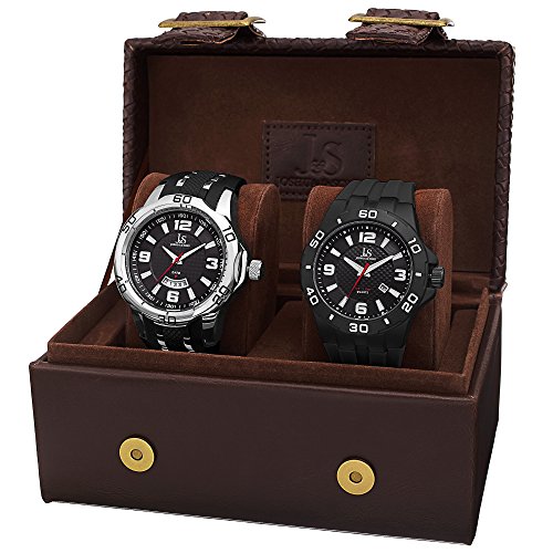 Joshua & Sons Men's Quartz Watch Set with Free Gift Box and Genuine Silicone Strap (Black Theme)