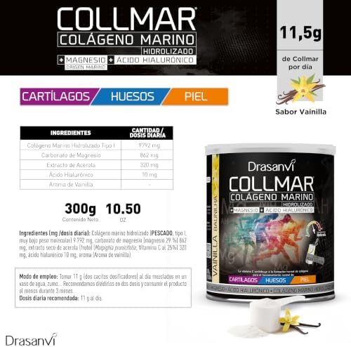 COLLMAR Colagénio Marinho Hidrolisado com Ácido Hialurónico, Magnésio, Vitamina C | para cartilagem, ossos e pele | Sem adoçantes |Dose elevada 9.717 mg/dia | 300g de pó | Sabor Baunilha